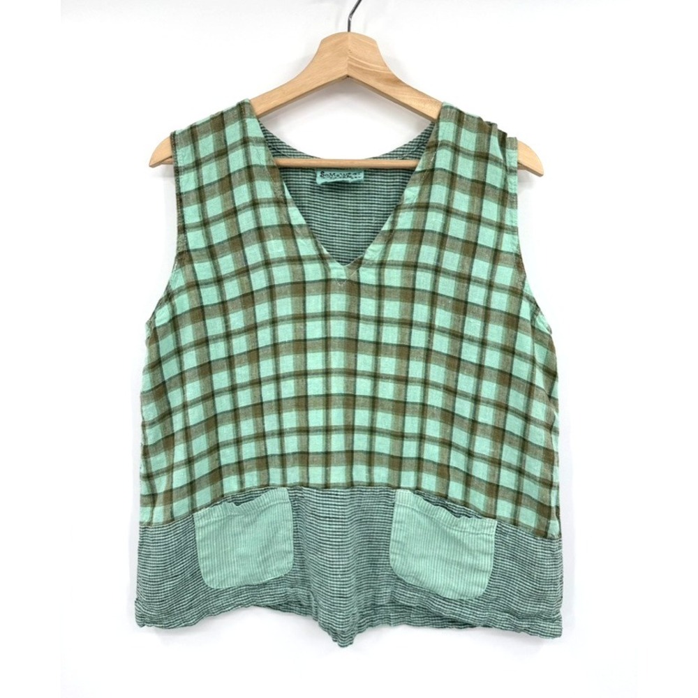 Liz & Jane Somewhat Funky Linen Tank Top M‎ Green Plaid Artsy USA Boho Lagenlook